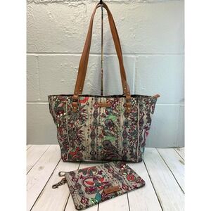 Sakroots Multi Color Floral Owl Print Coated Canvas Tote Bag and Pouch Set